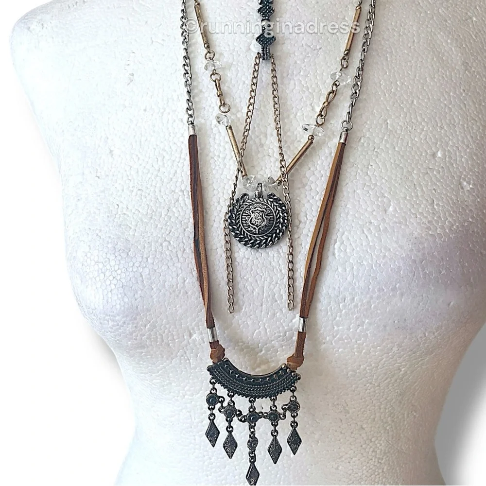 NWT Free People Can't Stand The Rain Layered Necklace In Gold & Brown Suede - Picture 4 of 13